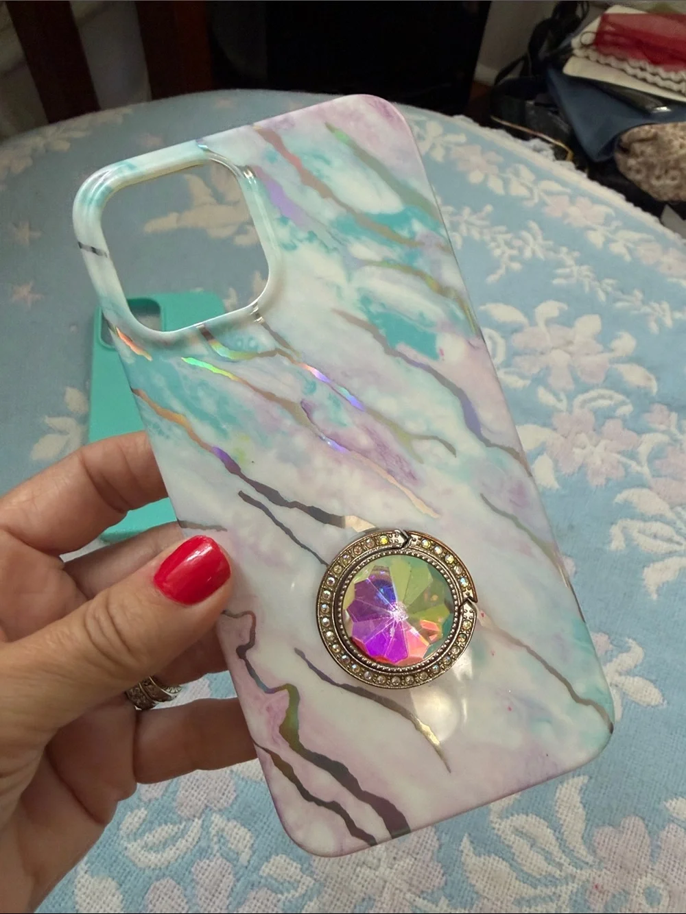 Set of 2 Turquoise / Iridescent Marble Phone Case Duo with Jeweled Ring Grips